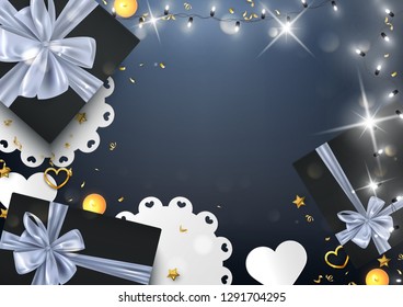 Happy Valentine's Day romantic background with gift boxes and decorative elements, vector illustration