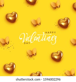 Happy Valentine's Day. Romantic background design with butterflies, gold hearts and glitter confetti. Flying golden butterfly. Greeting card, banner, web poster. Festive vector illustration.