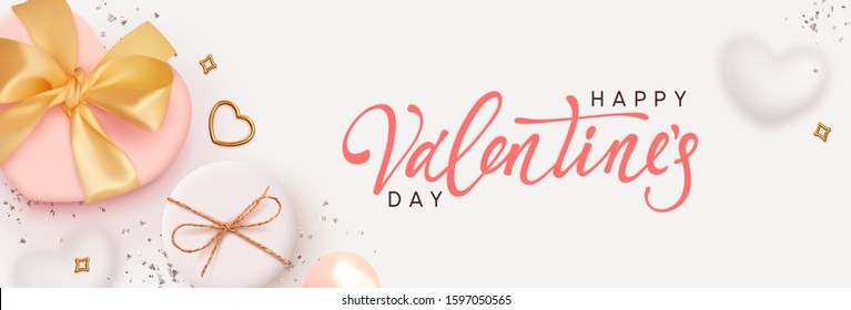 Happy Valentines Day. Romantic background design with realistic white gifts box in the shape of heart. Bright shiny confetti, metal golden heart. Holiday poster, banner, greeting card