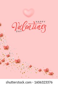 Happy Valentine's Day. Romantic background design with butterflies, pink hearts and glitter confetti. Flying butterfly. Greeting card, banner, web poster. Festive vector illustration.