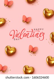 Happy Valentines Day. Romantic background design with butterflies, golden hearts and glitter confetti. Flying pink butterfly. Greeting card, banner, web poster. Festive vector illustration.