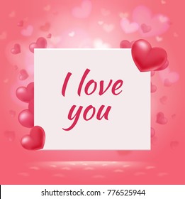 Happy Valentines Day romantic background with red elegant hearts and amorous inscription on white card vector illustration