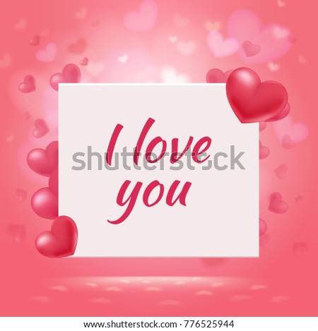 Happy Valentines Day romantic background with red elegant hearts and amorous inscription on white card vector illustration