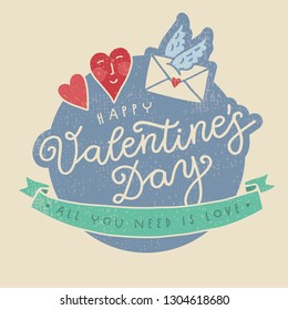 Happy Valentines Day romantic badge in blue with green ribbon. Typography greeting card template with illustrations. Retro vintage style vector illustration. Love themed. 