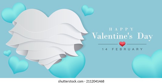 Happy Valentine's Day. Romantic banner background design with paper heart elements. Realistic blue hearts shaped with place for text. Suit for advertising, greeting card, banner, website, poster