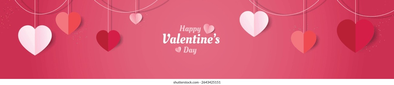 Happy Valentine's Day romantic banner background with beautiful hanging paper cut style hearts decoration.