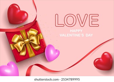 happy valentine's day, romantic celebration background,gift boxes and hearts and curve red ribbons decorative love concept greeting card,banner and poster vector illustration.