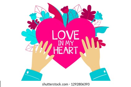 Happy Valentine's Day. Romantic composition with hands reach for the heart. Vector