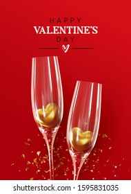 Happy Valentine's Day. Romantic composition design, Realistic two glasses of champagne wine with golden hearts in them, glitter gold confetti. Red background. Holiday gift card, festive banner, poster