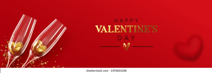 Happy Valentine's Day. Romantic composition design, Realistic two glasses of champagne wine with golden hearts in them, glitter gold confetti. Red background. Holiday gift card, festive banner, poster