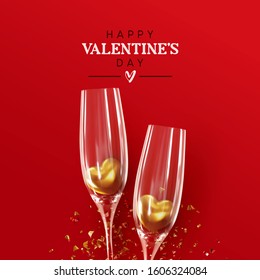 Happy Valentine's Day. Romantic composition design, Realistic two glasses of champagne wine with golden hearts in them, glitter gold confetti. Red background. Holiday gift card, festive banner, poster