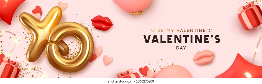 Happy Valentine's Day Romantic creative banner, horizontal header for website. Background Realistic 3d festive decorative objects, red lips, heart shaped balloons, XO symbol, gift box. Realism design