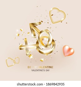 Feliz Día de San Valentín Romántico cartel creativo. Antecedentes Objetos de decoración festiva 3d realistas, globos con forma de corazón, símbolos de oro para hombres y mujeres. Diseño de realismo