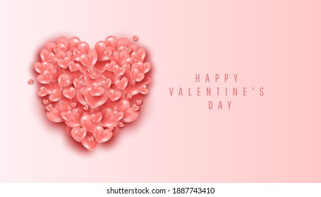 Happy Valentine's Day romantic creative template banner with minimal realistic flying air heart shaped elements on pink background