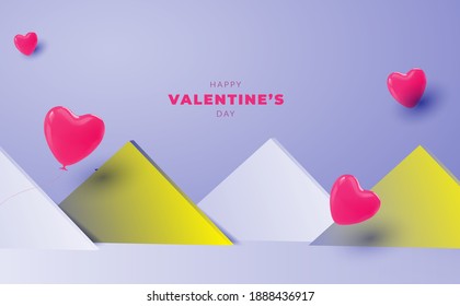 Happy Valentine's Day Romantic creative Background Realistic 3d festive decorative objects, heart shaped balloons. Realism design