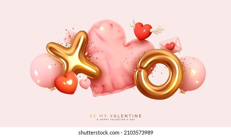 Happy Valentine's Day. Romantic creative composition. Vector Realistic 3d festive decorative objects, heart shaped balloons and XO Xo symbol whole hug, falling letter envelope, glitter gold confetti