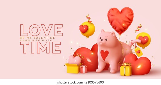 Happy Valentine's Day. Romantic creative composition. Realistic 3d Cartoon cute cat. Festive decorative objects, heart shaped balloons, gift box. Love time. vector illustration