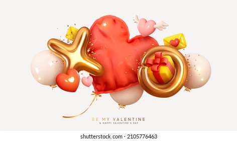 Happy Valentine's Day. Romantic creative composition. Vector Realistic 3d festive decorative objects, heart shaped balloons and XO Xo symbol whole hug, falling letter envelope, glitter gold confetti