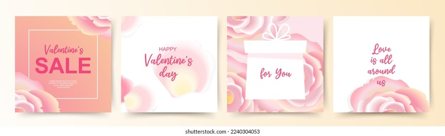 Feliz Día de San Valentín Romántico conjunto de cartas creativas. Plantillas de diseño moderno con flores de rosa.Vector para banner festivo, afiche, medios sociales, venta, decoración de celebración, anuncios, marca, invitación a la boda