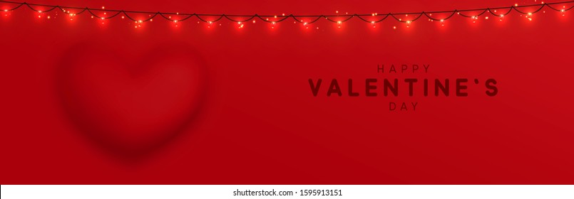 Happy Valentines Day. Romantic design composition, realistic 3d heart pink color, convex shape curves outward. Horizontal banner, web poster, website for header. Holiday gift card. Vector illustration