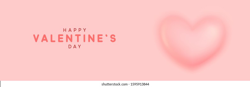 Happy Valentines Day. Romantic design composition, realistic 3d heart pink color, convex shape curves outward. Horizontal banner, web poster, website for header. Holiday gift card. Vector illustration