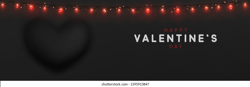 Happy Valentines Day. Romantic design composition realistic 3d heart black color, convex shape curves outward. Horizontal banner, web poster, website for header. Holiday gift card. Vector illustration