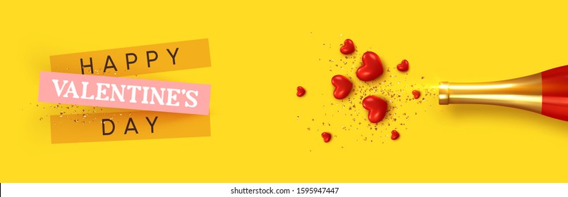 Happy Valentine's Day. Romantic design, realistic bottle champagne wine, explosion with red hearts and glitter gold confetti. holiday gift card, elegant invitation for party. Banner, web poster