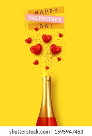 Happy Valentine's Day. Romantic design, realistic bottle champagne wine, explosion with red hearts and glitter gold confetti. holiday gift card, elegant invitation for party. Banner, web poster