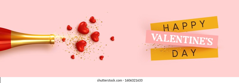 Happy Valentine's Day. Romantic design, realistic bottle champagne wine, explosion with red hearts and glitter gold confetti. holiday gift card, elegant invitation for party. Banner, web poster