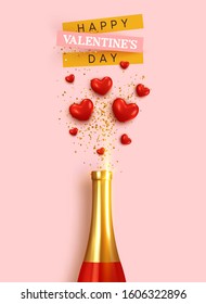 Happy Valentine's Day. Romantic design, realistic bottle champagne wine, explosion with red hearts and glitter gold confetti. holiday gift card, elegant invitation for party. Banner, web poster