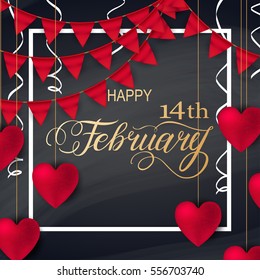 Happy valentines day romantic design elements. Red 3D Realistic hearts with Lettering 14 February in white frame. Template design for banner, flyer, postcard