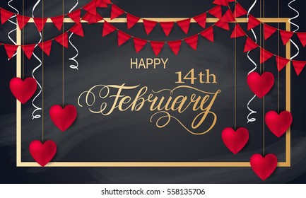 Happy valentines day romantic design elements. Red 3D Realistic hearts with Lettering 14 February in golden frame with Red Flags, Bunting. Template design for banner, flyer, postcard