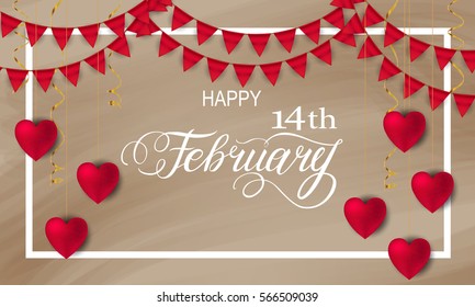 Happy valentines day romantic design elements. Red 3D Realistic hearts with Lettering 14 February in golden frame with Red Flags, Bunting. Template design for banner, flyer, postcard