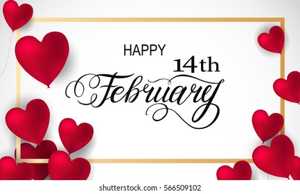 Happy valentines day romantic design elements. Red 3D Realistic hearts with Lettering 14 February in frame. Template design for banner, flyer, postcard