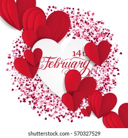 Happy valentines day romantic design elements. Red Pink and White hearts in a circle. 3D paper hearts Template design for banner, flyer, postcard. Lettering February the 14th