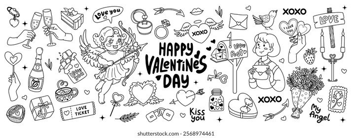 Happy Valentine's day romantic doodle elements set. Line art for children's coloring book. Cupid with bow and arrow. Holiday gifts, flowers, chocolates. Hearts with wings. Vector outline illustration.