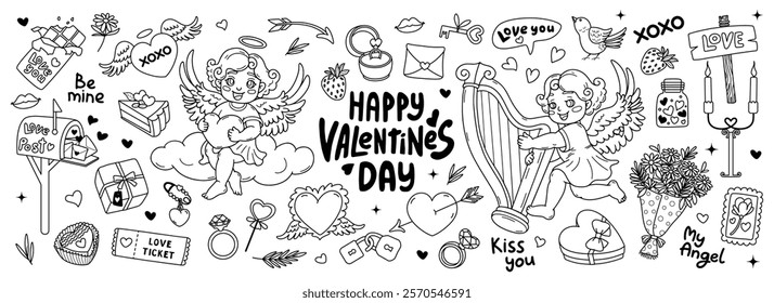 Happy Valentines day romantic doodle set. Line art for children coloring book. Cupid with heart and harp. Holiday gifts, flowers, chocolates. Hearts with wings. Vector outline illustration.