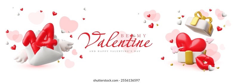 Happy Valentine's Day romantic festive banner vector design. Realistic lips, letter, red and white hearts with arrow from inflated balloon in gift box. Glossy helium foil love symbols. Be my valentine