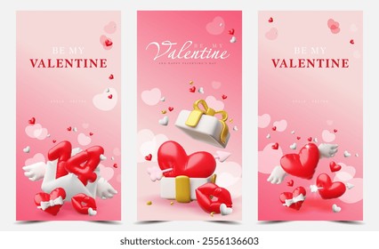 Happy Valentine's Day romantic festive flyers design vector set. Realistic lips, letter, red and white hearts with wings, arrow and bow from inflated balloon 3D style. Glossy helium foil love symbols