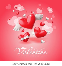 Happy Valentine's Day romantic festive poster vector design. Realistic red and white hearts with wings, arrow and bow from inflated balloon 3D style. Glossy helium foil love symbols. Be my Valentine