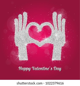 Happy Valentines Day romantic greeting card, typography poster with modern style. Be my Valentine concept. Silver glitter hands forming a heart shape. Vector illustration. Isolated
