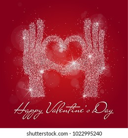 Happy Valentines Day romantic greeting card, typography poster with modern style. Be my Valentine concept. Silver glitter hands forming a heart shape. Vector illustration. Isolated