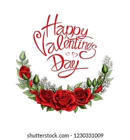 Happy Valentines day romantic greeting postcard half wreath with red rose flowers and lettering vector template holiday card design