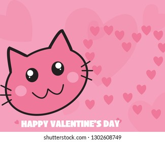 Happy Valentines Day romantic greeting card, poster typography with calligraphy with pink cat and heart background , Vector