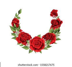 Happy Valentines day romantic greeting postcard half wreath with red rose flowers. Save the date vector template holiday card design svg