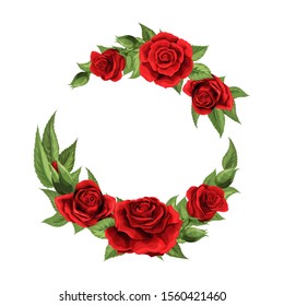 Happy Valentines day romantic greeting postcard half wreath with red rose flowers. Save the date vector template holiday card design svg