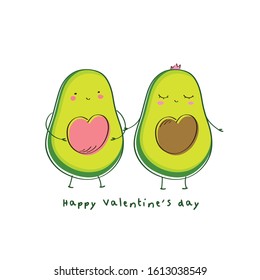 Happy Valentines day. Romantic greeting card with cute avocados and hearts. Vector.