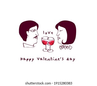 Happy Valentines day. Romantic greeting card postcard with a man and a woman in love with glasses. Template for greeting cards, invitation, wedding, party, Valentine's Day. Vector.