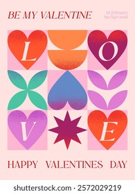 Happy Valentines Day romantic illustration.Modern typography banner template.Romantic greeting poster with hearts and geometric shapes background.Trendy vector concept for prints,invitations,ad,covers