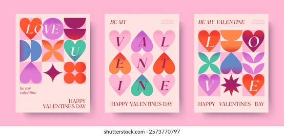 Happy Valentines Day romantic illustrations.Modern typography banner templates.Romantic greeting posters with hearts,geometric shapes background.Trendy vector concepts for prints,invitations,ad,covers